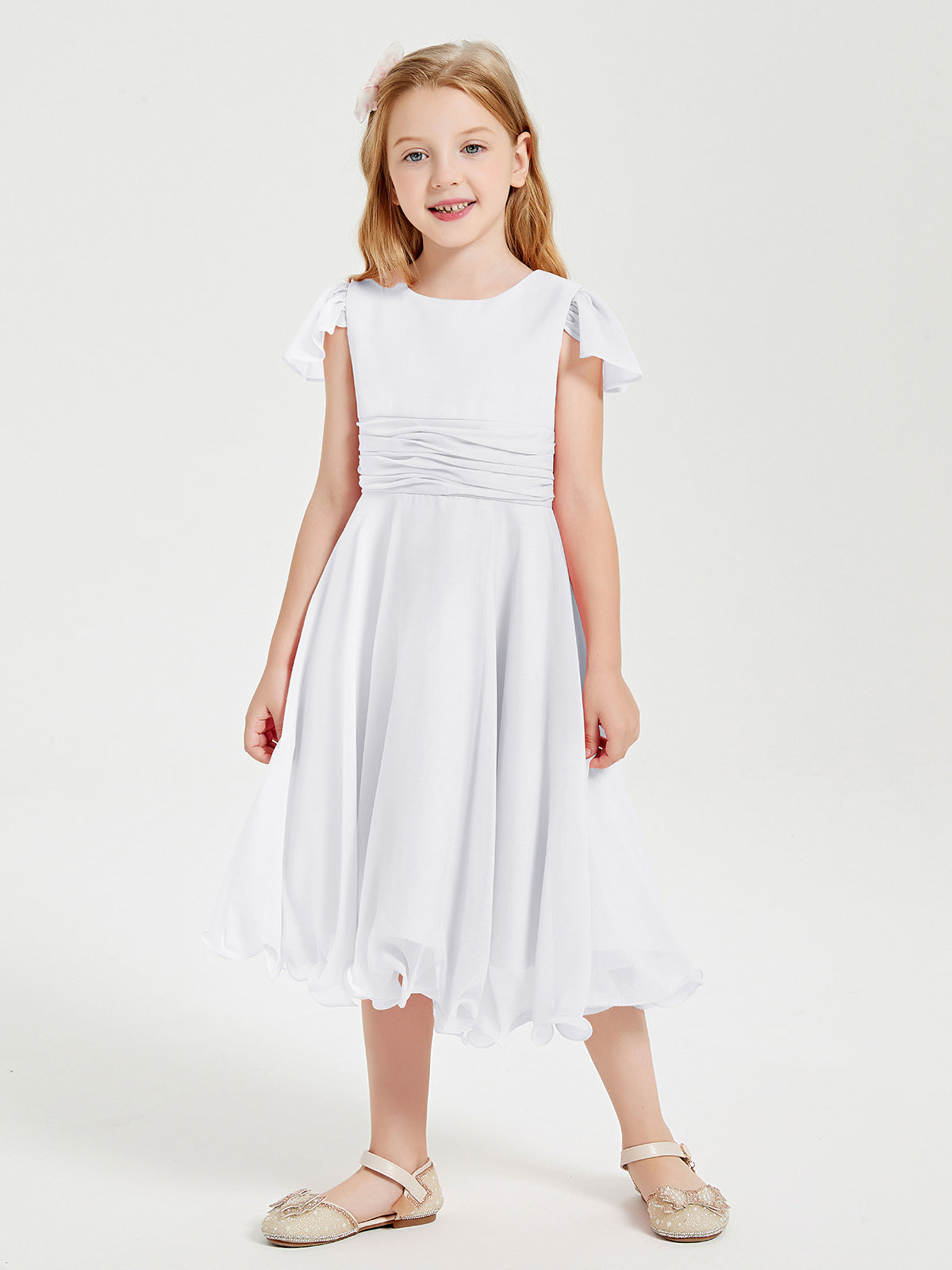Chiffon Tea Length Junior Bridesmaid Dresses White